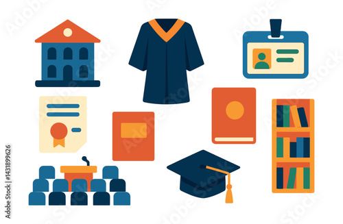 Flat vector icons of higher education: university building, graduation gown, thesis paper, diploma cover, campus ID, lecture hall, academic cap, library shelf.