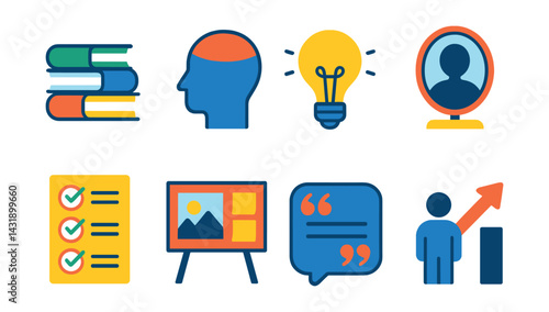Flat vector icons of personal development: book stack, open mind, idea bulb, self-reflection mirror, goal checklist, vision board, motivation quote, career arrow.