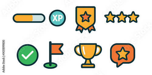 Flat vector icons of learning progress: level bar, XP points, rank badge, star count, completed badge, milestone flag, goal trophy, feedback star.