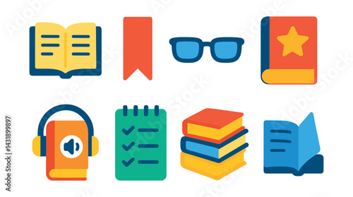 Flat vector icons of reading and literacy: open book, bookmark, reading glasses, storybook, audio book, reading log, literature stack, page flip.