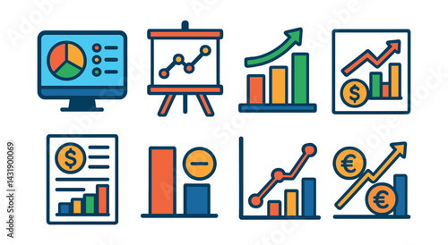 Flat vector icons of financial analytics: dashboard, KPI chart, ROI graph, profit margin, financial report, comparison bars, trend analysis, currency exchange chart.