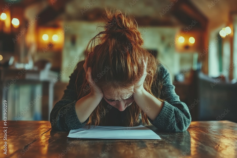 Woman overwhelmed by stress in a rustic cabin, trying to focus on a blank sheet of paper late in the evening Woman overwhelmed by stress in a rustic cabin, trying to focus on a blank sheet of paper late in the evening