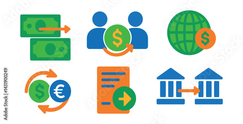 Flat vector icons of money transfer services: wire transfer, peer-to-peer payment, international remittance, currency exchange, transaction receipt, send money icon, IBAN form, bank-to-bank icon.