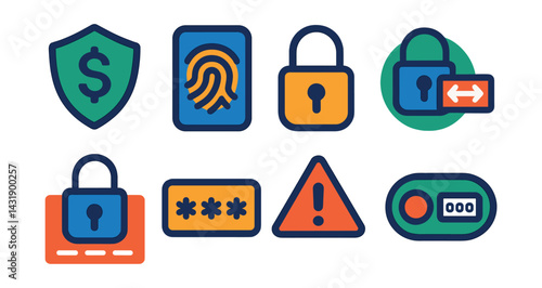 Flat vector icons of payment security: shield with dollar, fingerprint verification, secure padlock, 2FA symbol, data encryption, password entry, fraud alert, security token.