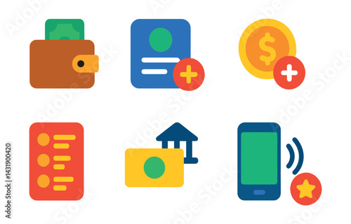 Flat vector icons of digital wallets: wallet app icon, balance overview, add card feature, cashback icon, transaction history tab, funding source, mobile tap symbol, reward points.