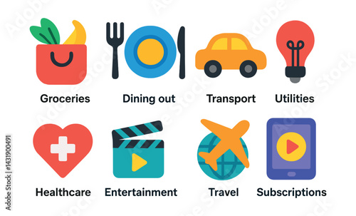 Flat vector icons of expense categories: groceries icon, dining out, transport, utilities, healthcare, entertainment, travel, subscriptions.