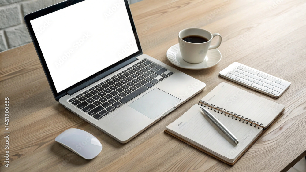 Modern Workspace Setup with Laptop, Notebook, and Coffee Modern Workspace Setup with Laptop, Notebook, and Coffee