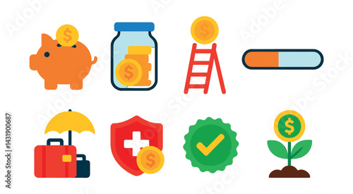 Flat vector icons of savings and goals: piggy bank, money jar, savings ladder, progress bar, vacation fund, emergency savings, goal completed badge, dollar plant.