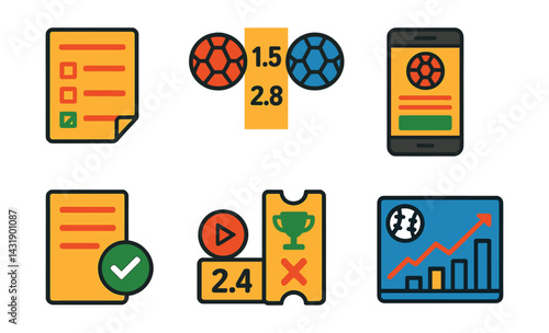 Flat vector icons of sports betting: betting slip, match odds, betting app screen, money stack, bet confirmation, live odds icon, win/loss ticket, sports prediction chart.