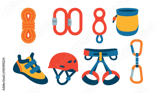 Flat vector icons of climbing gear: climbing rope, carabiner set, belay device, chalk bag, climbing shoes, helmet, harness, quickdraw.