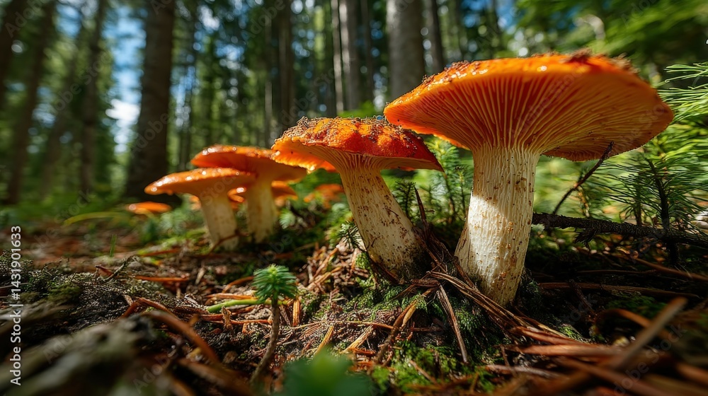 Lactarius deliciosus mushrooms in Eastern European forest sunlight Lactarius deliciosus mushrooms in Eastern European forest sunlight