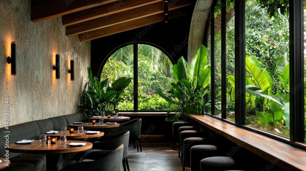 Fototapeta premium Open-air dining pavilion surrounded by lush greenery
