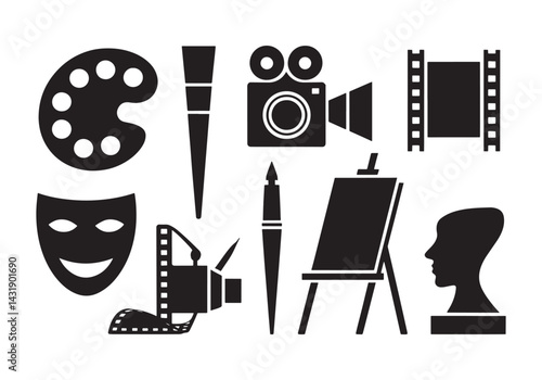 Art and creativity icons paint, camera, mask, film, sculpture, writing and visual arts vector