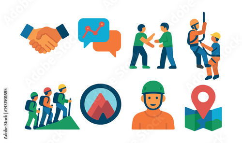Flat vector icons of climbing community: climber handshake, route planning chat, training session, belay partner, group expedition, climbing club logo, mentor icon, meetup location.