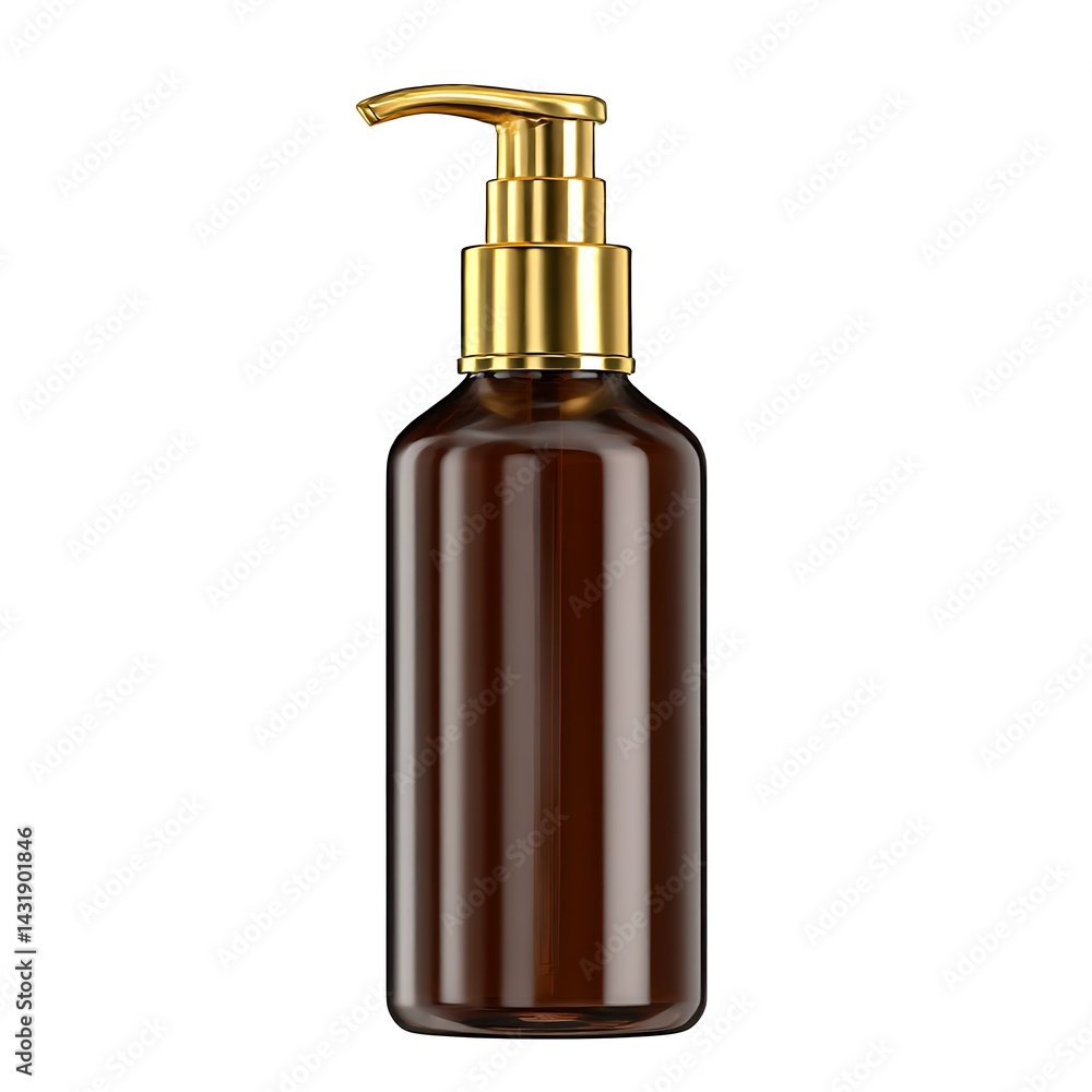A brown lotion bottle with a gold pump dispenser, isolated on a clean white background A brown lotion bottle with a gold pump dispenser, isolated on a clean white background