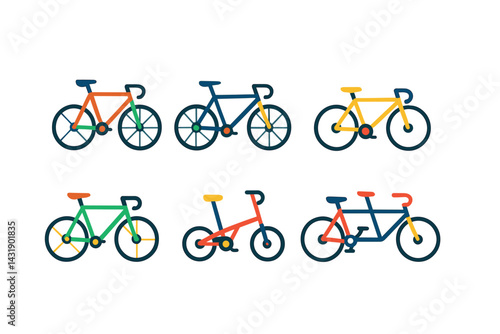 Flat vector icons of bicycle types: road bike, mountain bike, gravel bike, fixie, hybrid bike, folding bike, e-bike, tandem bike.