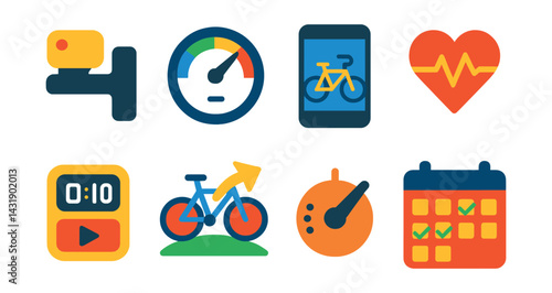 Flat vector icons of cycling training: cadence sensor, speedometer, cycling app, heart rate monitor, interval timer, recovery ride, resistance level, training calendar.