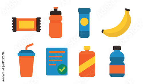 Flat vector icons of cycling nutrition: energy bar, hydration bottle, electrolyte tab, banana, recovery shake, nutrition plan, snack pouch, sports drink.