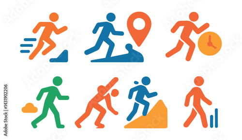 Flat vector icons of running workouts: interval run, long run, tempo pace, recovery jog, sprint training, hill repeats, warm-up stretches, cool-down walk.