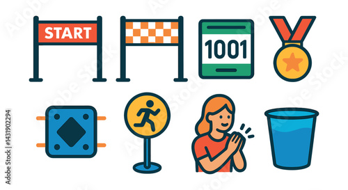 Flat vector icons of race events: start line, finish line, race bib, medal, timing chip, pace group sign, cheering station, water station.