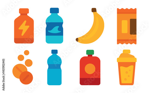 Flat vector icons of running nutrition: energy gel, sports drink, banana, energy bar, electrolyte tablet, water bottle, snack pouch, post-run recovery shake.