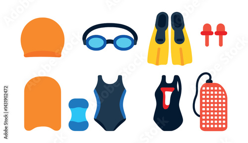 Flat vector icons of swimming gear: swim cap, goggles, swim fins, earplugs, kickboard, pull buoy, swimwear, mesh gear bag.
