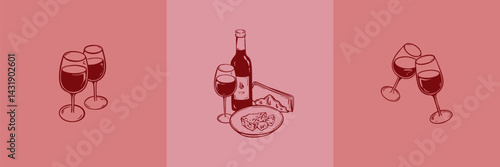 Wine and cheese hand drawn sketch posters set. Bottle, wineglass, parmesan plate doodle ink drawing. Restaurant, bar food and drink menu design elements. Italian or French vinery background