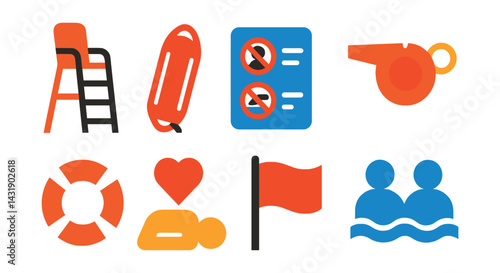 Flat vector icons of swim safety: lifeguard chair, rescue tube, pool rules sign, emergency whistle, floatation device, CPR symbol, red flag icon, buddy swim icon.