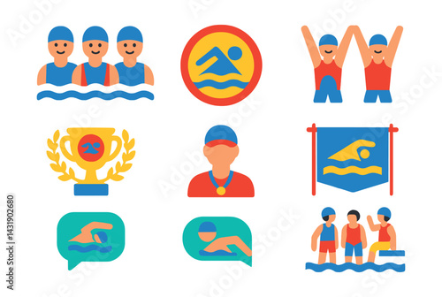 Flat vector icons of swim communities and clubs: swim team, club logo, group warm-up, event banner, club awards, coach figure, swimmer chat bubble, poolside meetup.