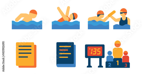 Flat vector icons of swim competition events: 50m freestyle, 100m backstroke, 200m medley, relay icon, heat sheet, event program, race result board, swimmer ranking.