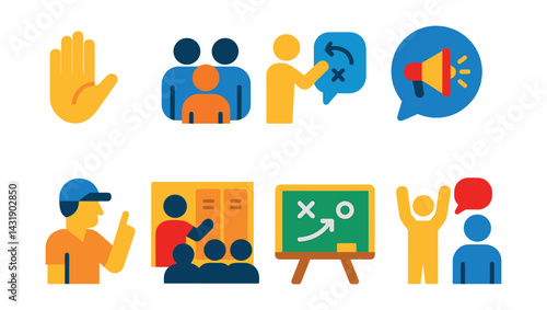Flat vector icons of team communication: hand signal, team huddle, strategy talk, shout bubble, coach gesture, locker room speech, chalkboard icon, pep talk.