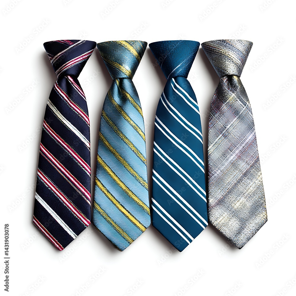 A collection of four men's striped neckties in various colors and designs, isolated on a white background A collection of four men's striped neckties in various colors and designs, isolated on a white background