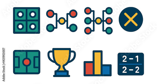 Flat vector icons of tournament progression: group stage icon, knockout round, quarterfinal bracket, semifinal symbol, final match, trophy icon, medal podium, match result table.