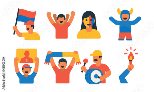 Flat vector icons of team sports fans: team flag, group chant, face paint, fan costume, player sign, home/away scarf, drum, flare icon.