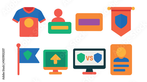 Flat vector icons of esports teams and branding: team jersey, gamer tag, sponsor logo, team banner, flag icon, logo upload, match intro screen, player card.