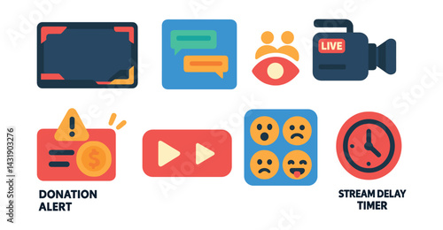 Flat vector icons of esports streaming and broadcasting: streaming overlay, chat window, viewer count, live camera, donation alert, subscribe button, emote pack, stream delay timer.