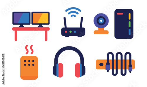 Flat vector icons of gaming environment and setup: dual monitor desk, RGB lights, network router, webcam, desktop tower, hand warmer, soundproof headset, cable organizer.