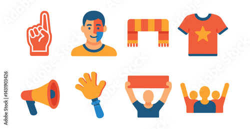 Flat vector icons of sports fans: foam finger, face paint, team scarf, fan t-shirt, megaphone, clapper, banner, cheering crowd.