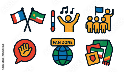 Flat vector icons of international fan culture: fan flags, face paint kit, cultural chant icon, fan tour group, language cheer bubble, fan zone globe, team stickers, travel scarf.