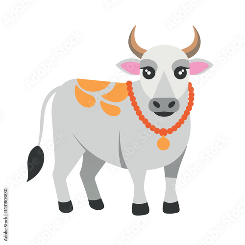 Indian Cow Cartoon Style Flat Decorated Traditional Peaceful Animal