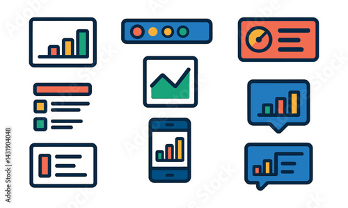 Flat vector icons of app UI for stats: stat card layout, tab navigation bar, chart preview icon, KPI widget, interactive legend, stat tile, mobile analytics, hover stat popup.