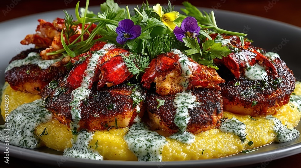 Lobster medallions on creamy polenta with herb drizzle and edible blossoms Lobster medallions on creamy polenta with herb drizzle and edible blossoms