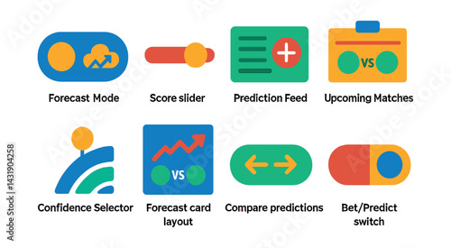 prediction interfaces: forecast toggle, score slider, prediction feed, upcoming matches tab, confidence selector, forecast card layout, compare predictions button, bet/predict switch.