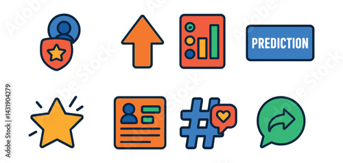 user-generated predictions: community pick icon, upvote arrow, prediction poll, bold prediction label, surprise outcome star, fan forecast card, social score icon, shared prediction bubble.