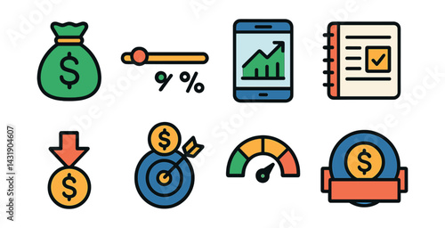 Flat vector icons of bankroll management: betting budget, stake percentage slider, bankroll tracker, betting journal, loss limit icon, profit goal, risk level meter, money management badge.