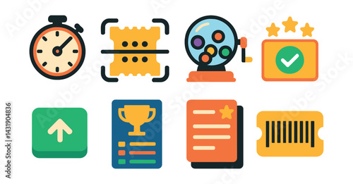 Flat vector icons of lottery draw interface: countdown timer, ticket scanner, result animation, win notification, claim button, prize breakdown, draw history, ticket barcode.