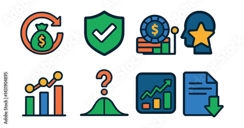 Flat vector icons of betting statistics: betting ROI, bet success rate, average stake, expected value icon, winning streak bar, betting variance chart, smart bet indicator, stats export.