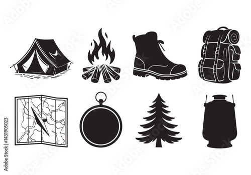 Outdoor camping icons map, tent, fire, boots, compass, pine tree, canteen and backpack black set