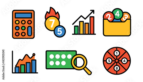 Flat vector icons of lottery statistics and tools: odds calculator, hot/cold numbers, draw frequency chart, number trend arrow, result archive, win distribution graph, ticket analyzer, number wheel.