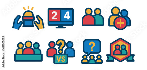 Flat vector icons of team-based quizzes: team buzzer, group scoreboard, team icon, shared points icon, team name card, quiz duel, multiplayer question, team challenge badge.
